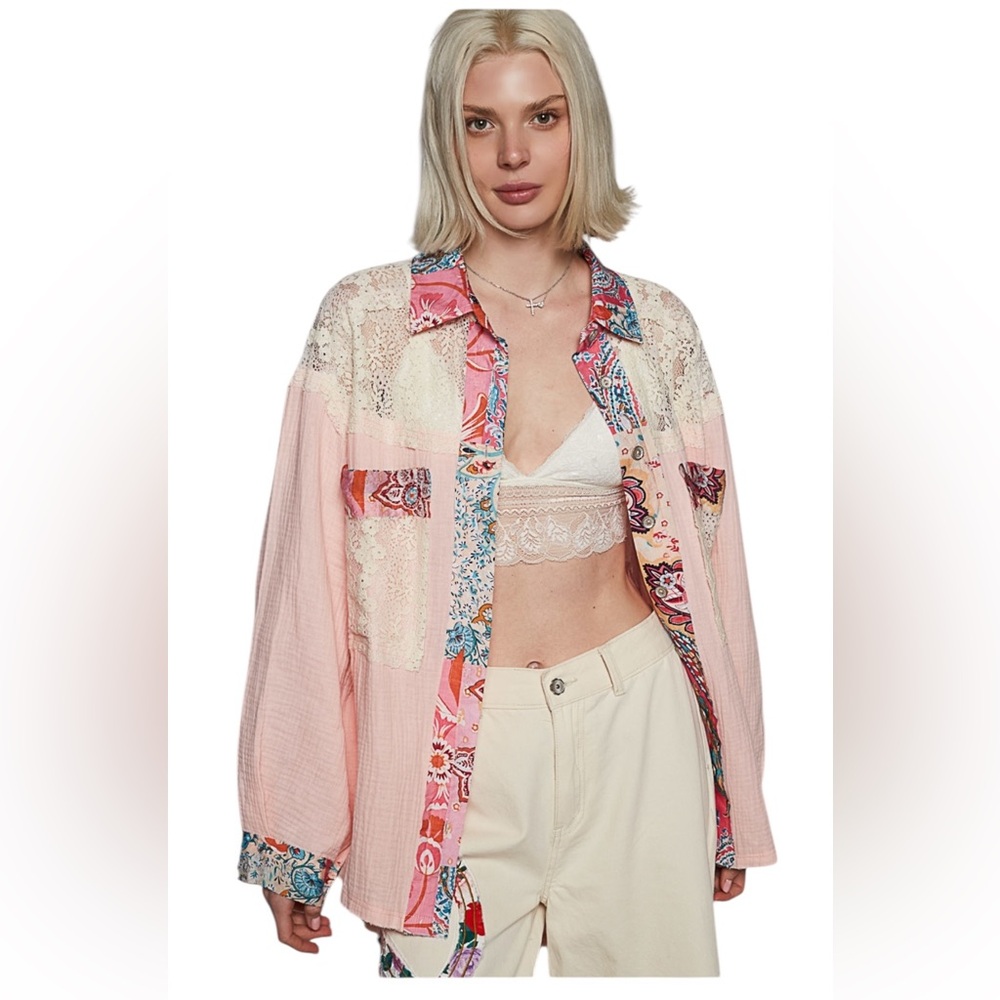 POL Cotton Pink with Lace Patchwork button down Shirt